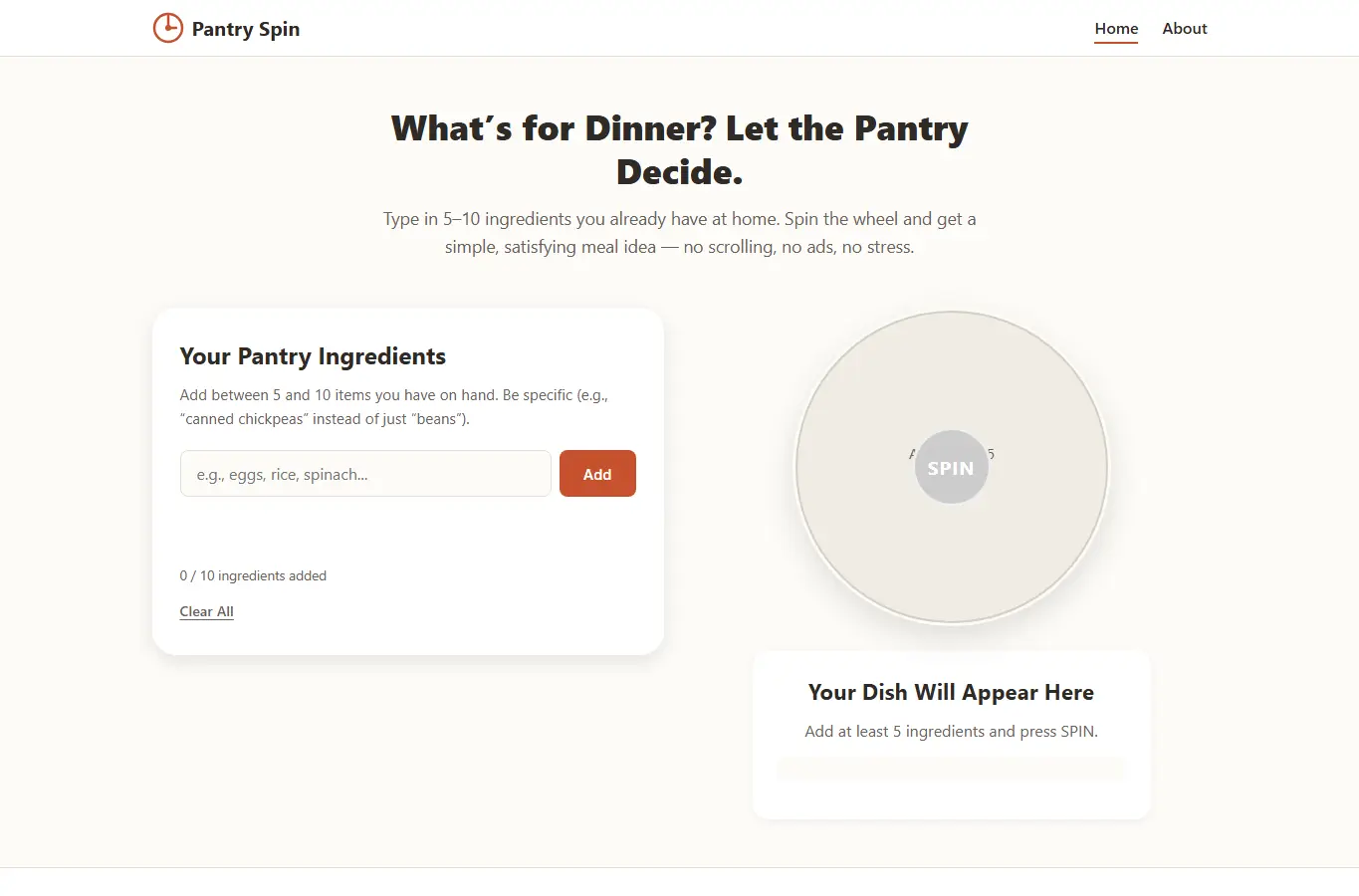 Screenshot of Pantry Dinner Spin Wheel interface showing the project page in use
